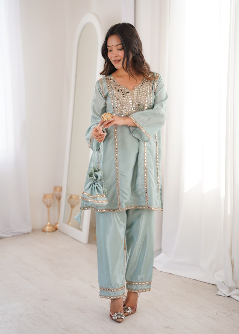 Sky Blue Mirror Work Kurti Pant Set & Batwa