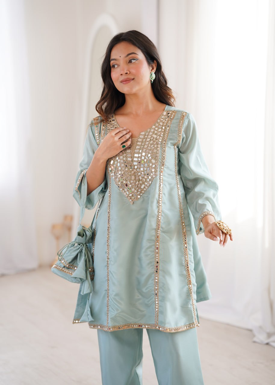 Sky Blue Mirror Work Kurti Pant Set & Batwa