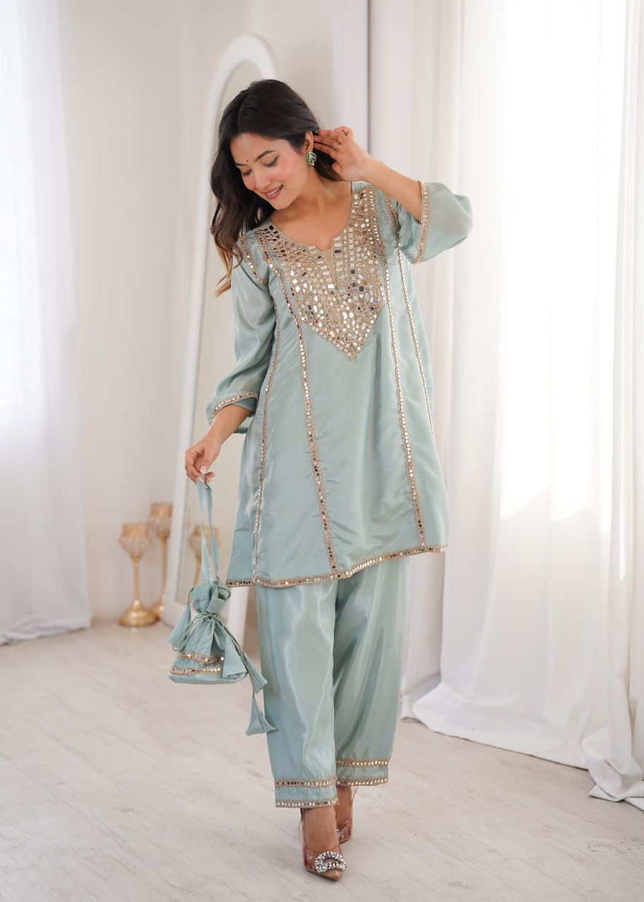 Sky Blue Mirror Work Kurti Pant Set & Batwa