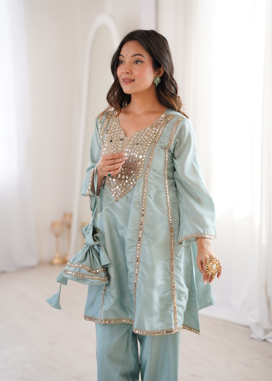 Sky Blue Mirror Work Kurti Pant Set & Batwa