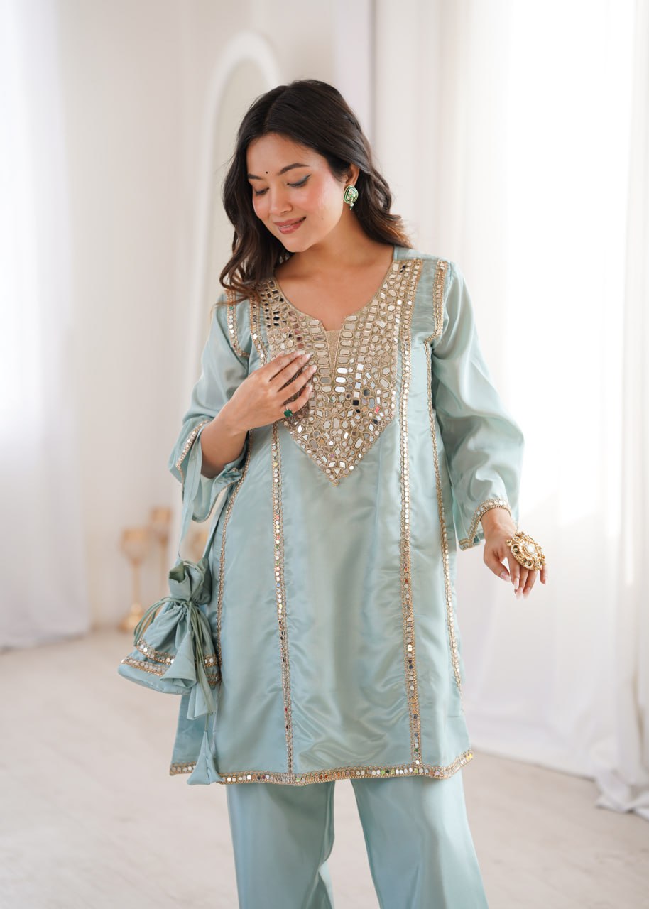 Sky Blue Mirror Work Kurti Pant Set & Batwa