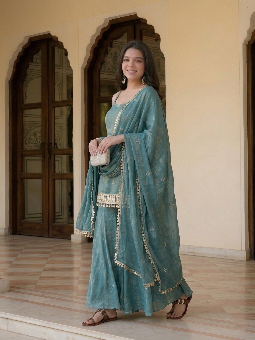 Sky Blue Mirror Work Sharara Set