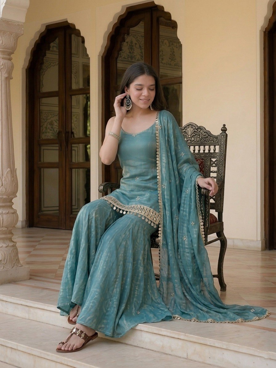 Sky Blue Mirror Work Sharara Set