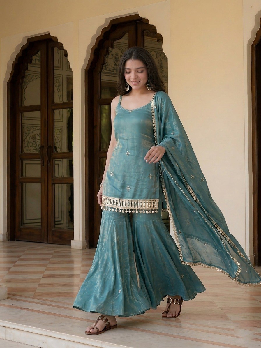 Sky Blue Mirror Work Sharara Set