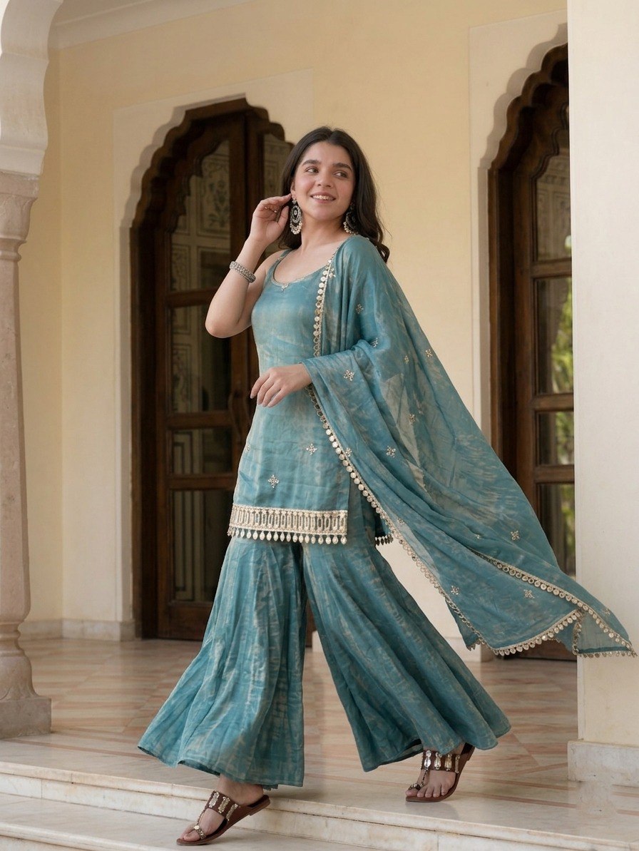 Sky Blue Mirror Work Sharara Set