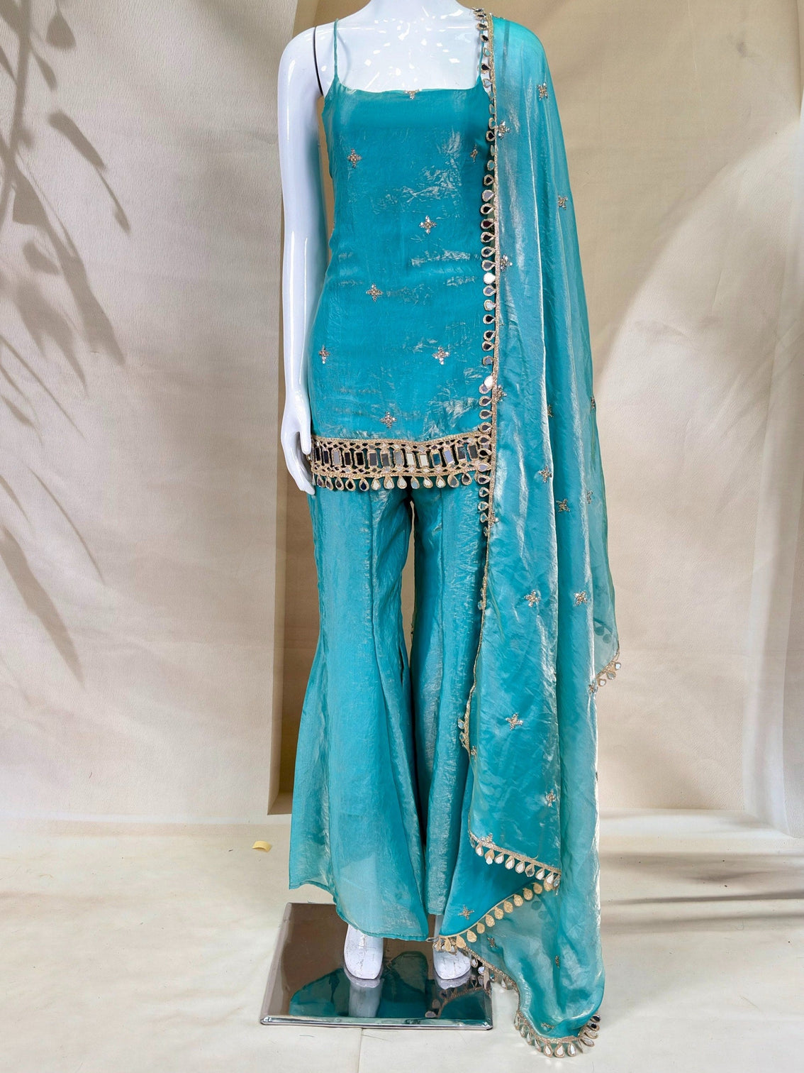 Sky Blue Mirror Work Sharara Set