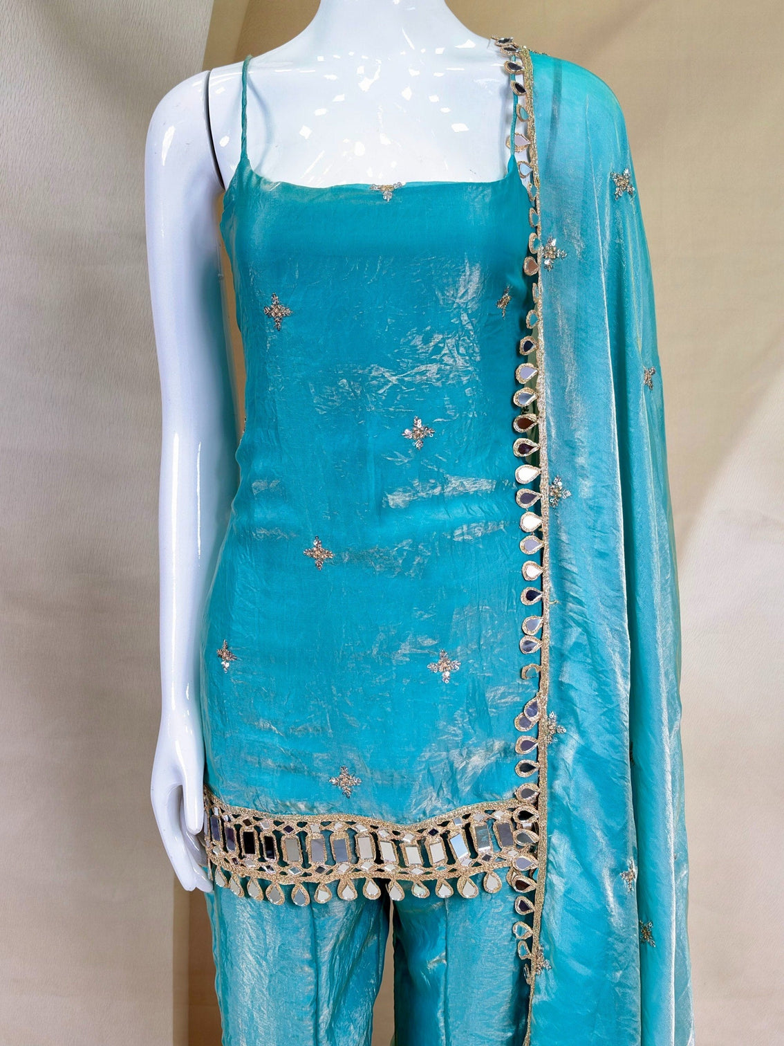 Sky Blue Mirror Work Sharara Set