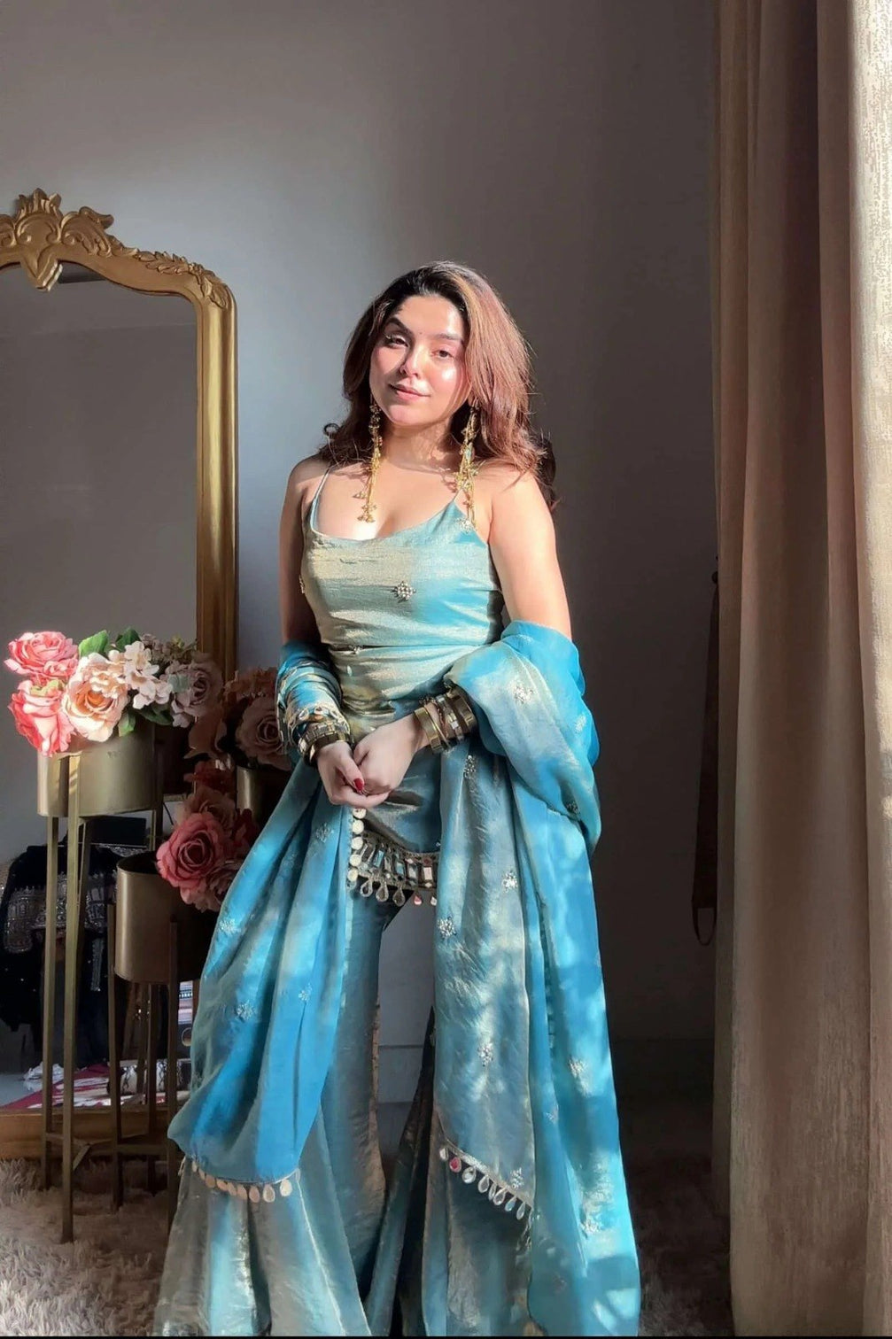 Sky Blue Mirror Work Sharara Set