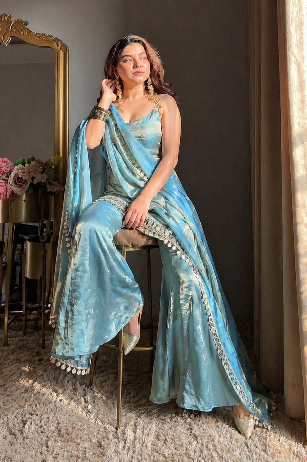 Sky Blue Mirror Work Sharara Set
