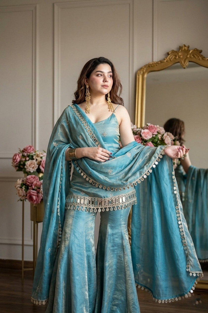 Sky Blue Mirror Work Sharara Set