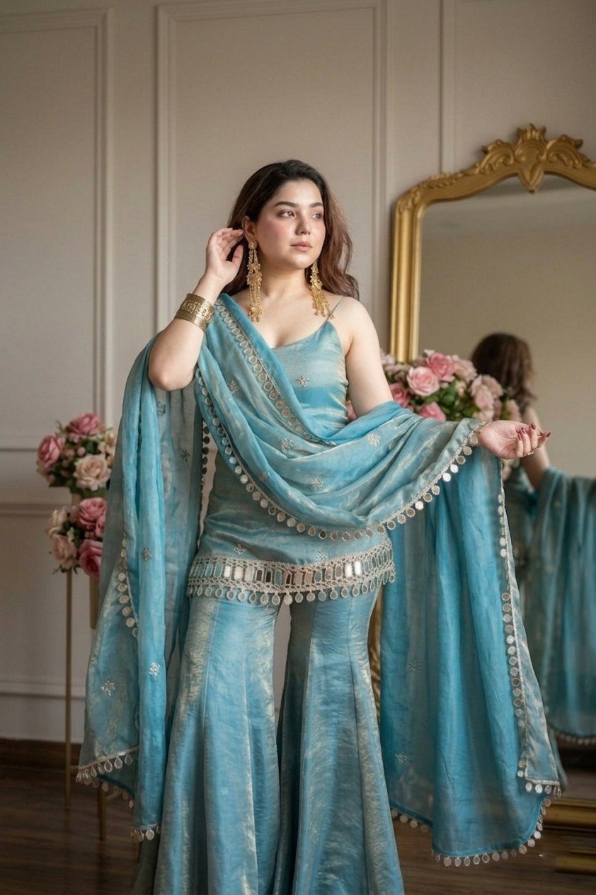 Sky Blue Mirror Work Sharara Set