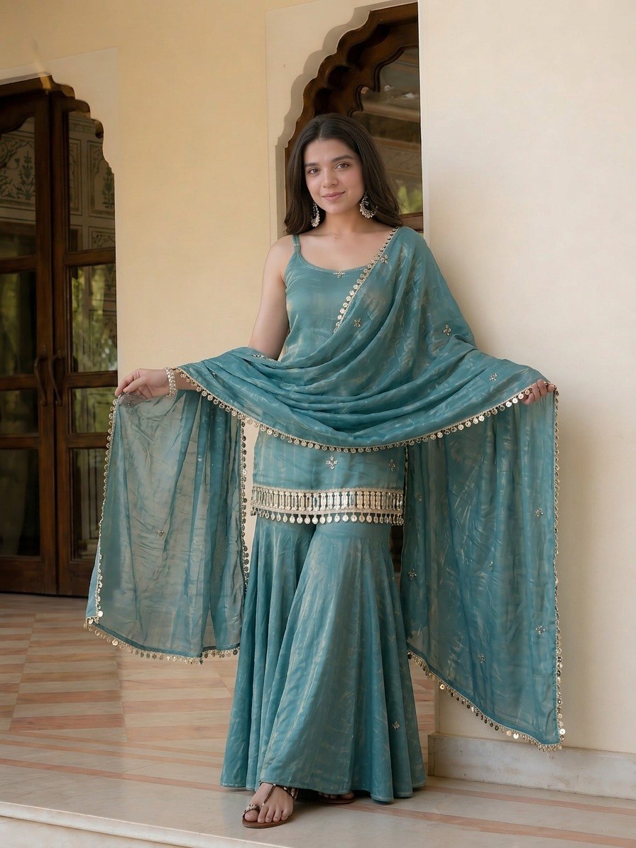 Sky Blue Mirror Work Sharara Set