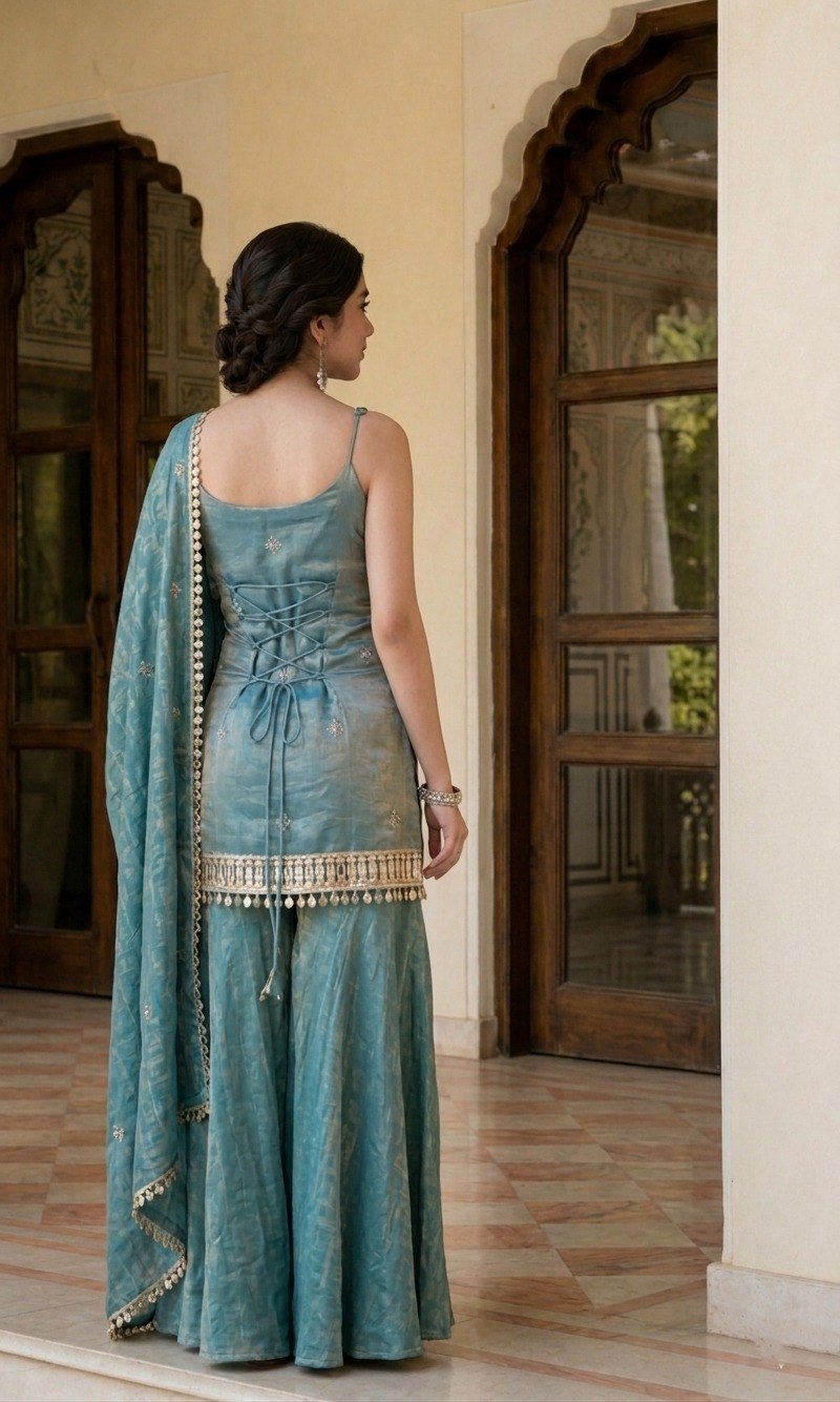 Sky Blue Mirror Work Sharara Set