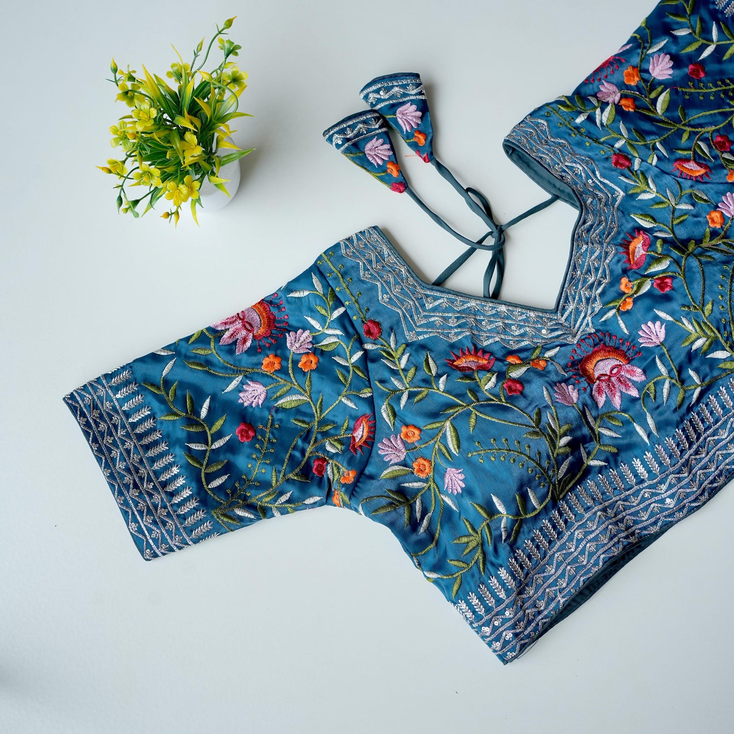 Sky Blue Multi-Color Embroidered Silk Blouse