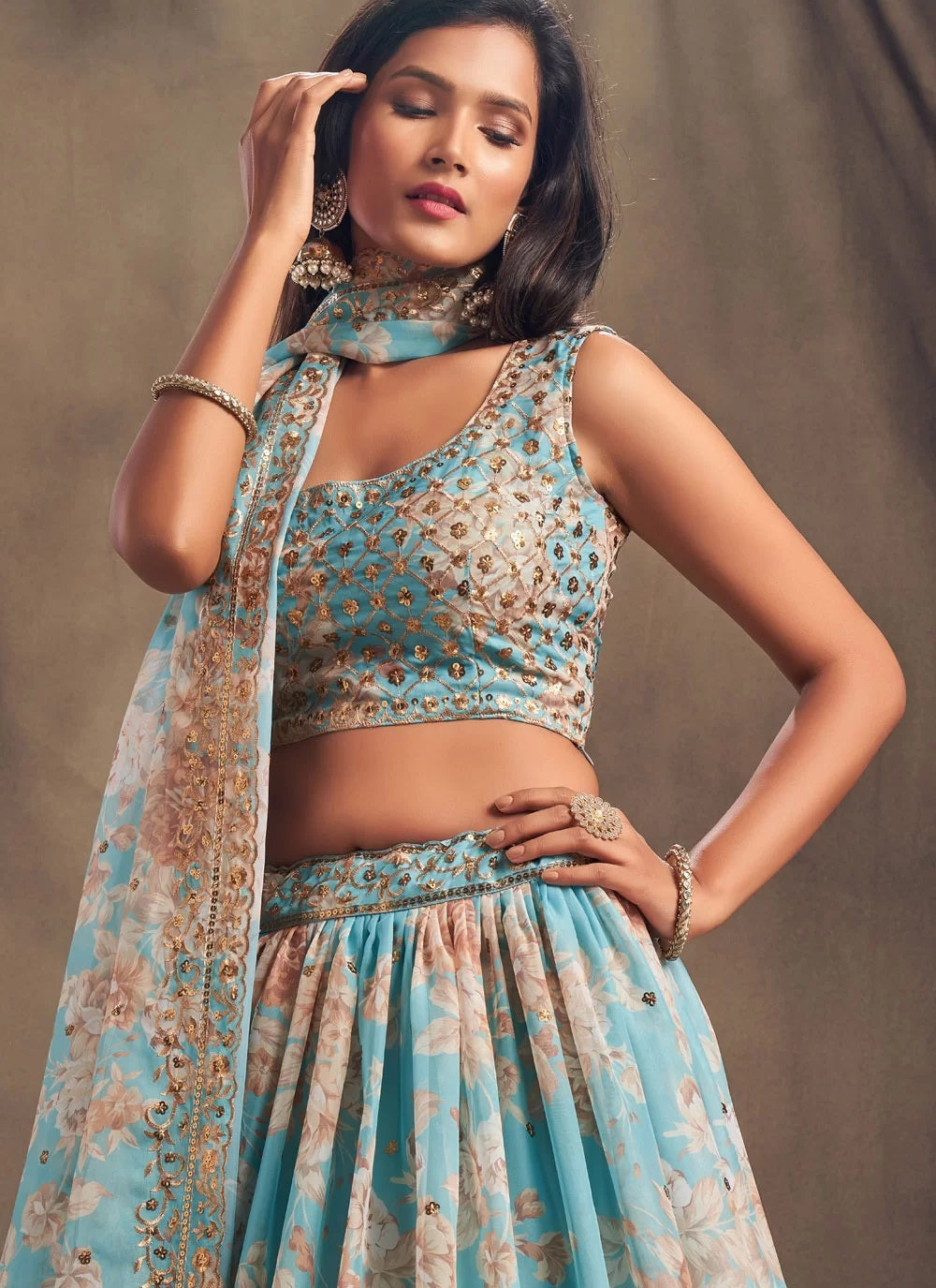 Sky blue organza digital printed traditional lehenga choli