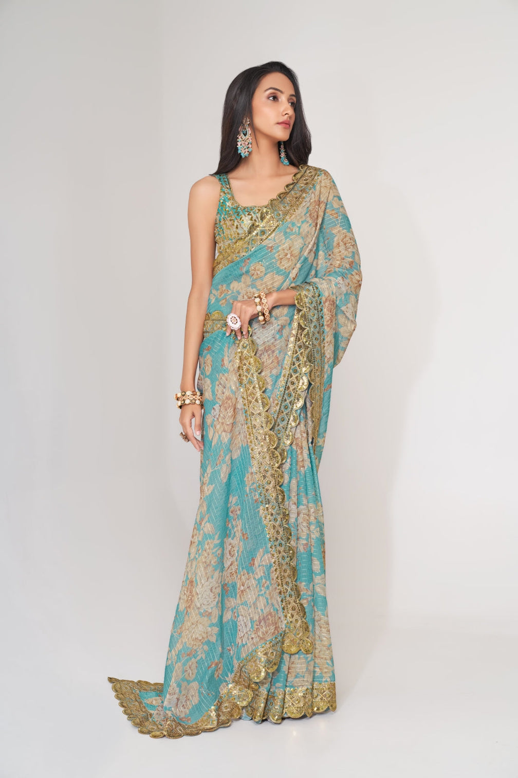 Sky Blue Organza Saree with Sequin Embroidery and Digital Print