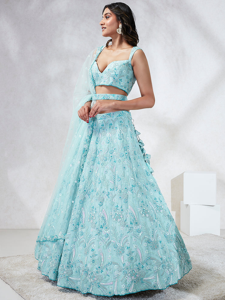 Sky Blue Organza Sequins embroidery Lehenga choli & Dupatta