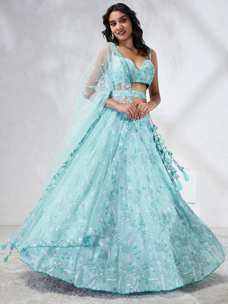 Sky Blue Organza Sequins embroidery Lehenga choli & Dupatta