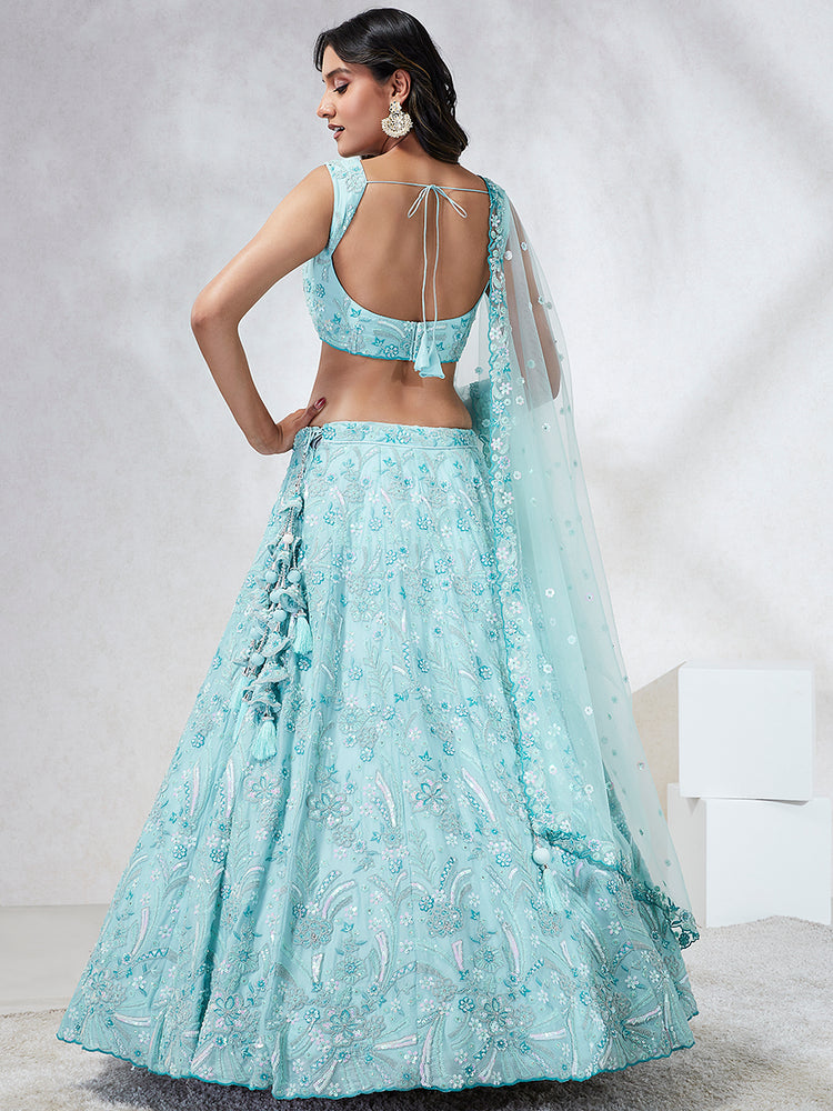 Sky Blue Organza Sequins embroidery Lehenga choli & Dupatta
