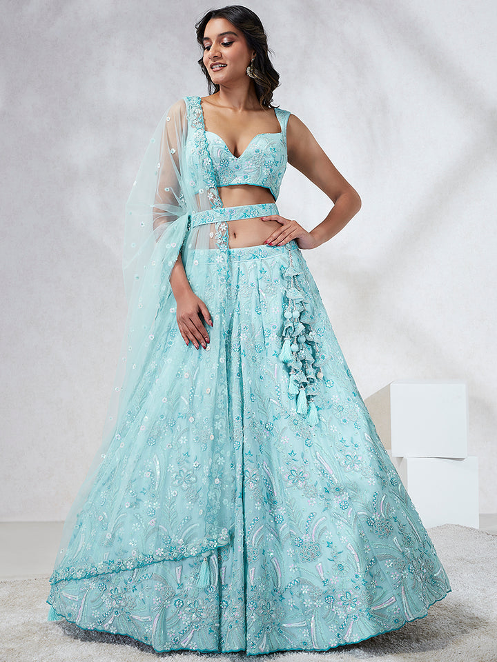 Sky Blue Organza Sequins embroidery Lehenga choli & Dupatta