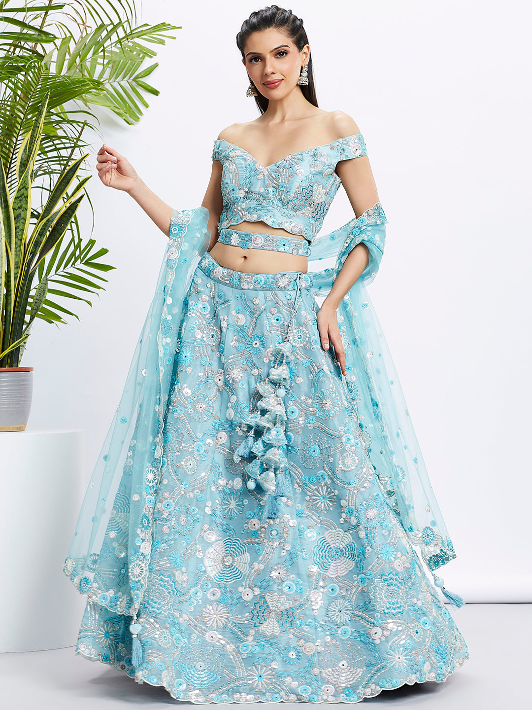 Sky blue Organza Sequins, Zarkan and thread embroidery Semi-Stitched Lehenga choli & Dupatta