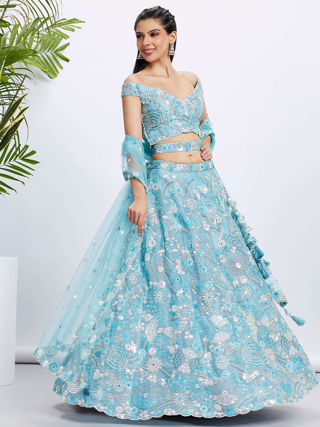Sky blue Organza Sequins, Zarkan and thread embroidery Semi-Stitched Lehenga choli & Dupatta