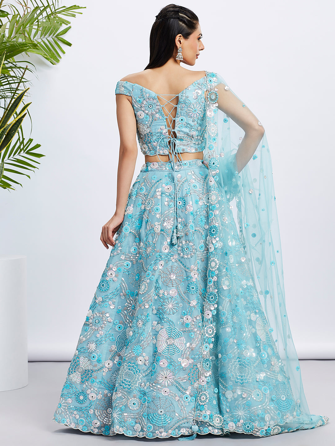 Sky blue Organza Sequins, Zarkan and thread embroidery Semi-Stitched Lehenga choli & Dupatta