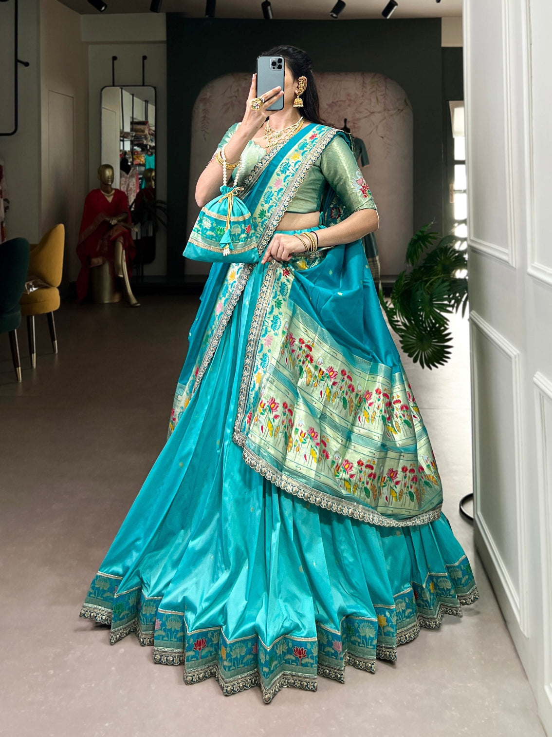 Sky Blue Paithani Lehenga Set with Batwa