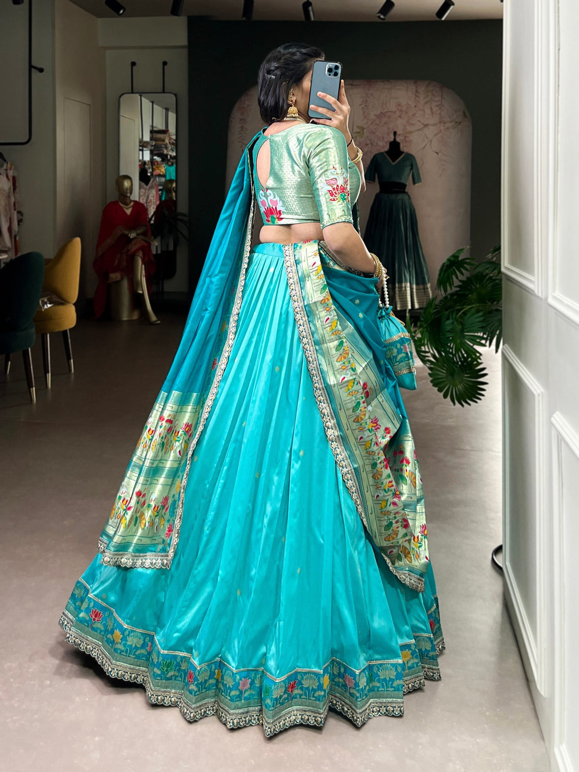 Sky Blue Paithani Lehenga Set with Batwa