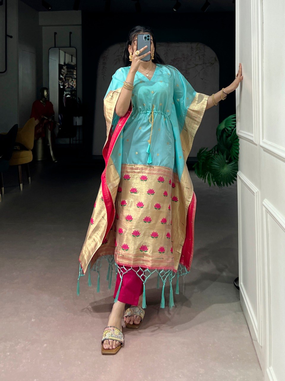 Sky Blue Paithani Zari Weaving Kaftan