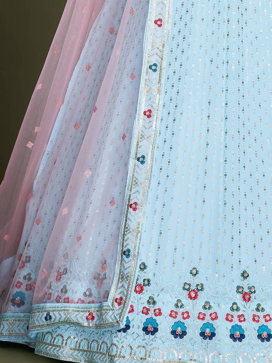 Sky Blue Pakistani Georgette Lehenga Choli For Indian Festivals & Weddings - Sequence Embroidery Work, Thread Embroidery Work,