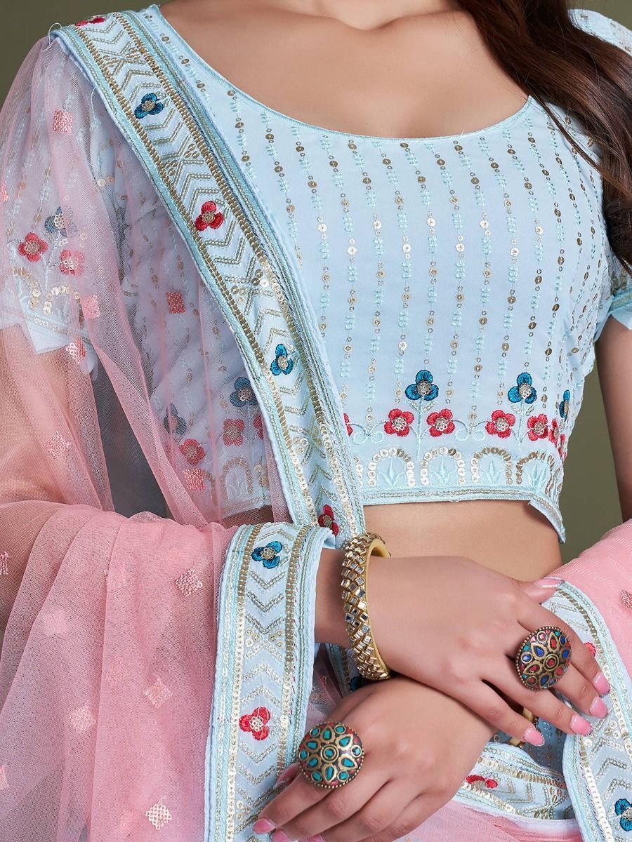 Sky Blue Pakistani Georgette Lehenga Choli For Indian Festivals & Weddings - Sequence Embroidery Work, Thread Embroidery Work,