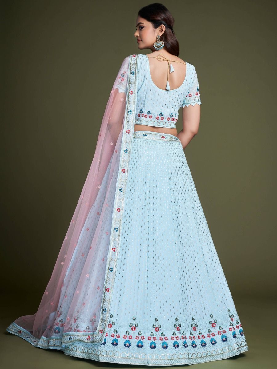 Sky Blue Pakistani Georgette Lehenga Choli For Indian Festivals & Weddings - Sequence Embroidery Work, Thread Embroidery Work,