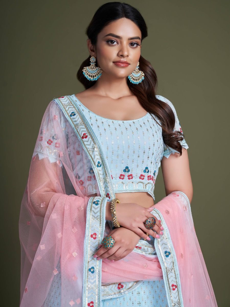 Sky Blue Pakistani Georgette Lehenga Choli For Indian Festivals & Weddings - Sequence Embroidery Work, Thread Embroidery Work,