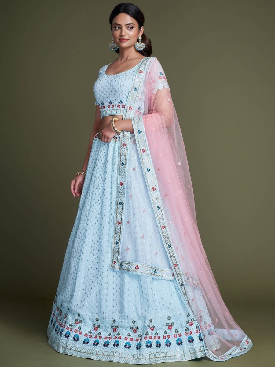 Sky Blue Pakistani Georgette Lehenga Choli For Indian Festivals & Weddings - Sequence Embroidery Work, Thread Embroidery Work,