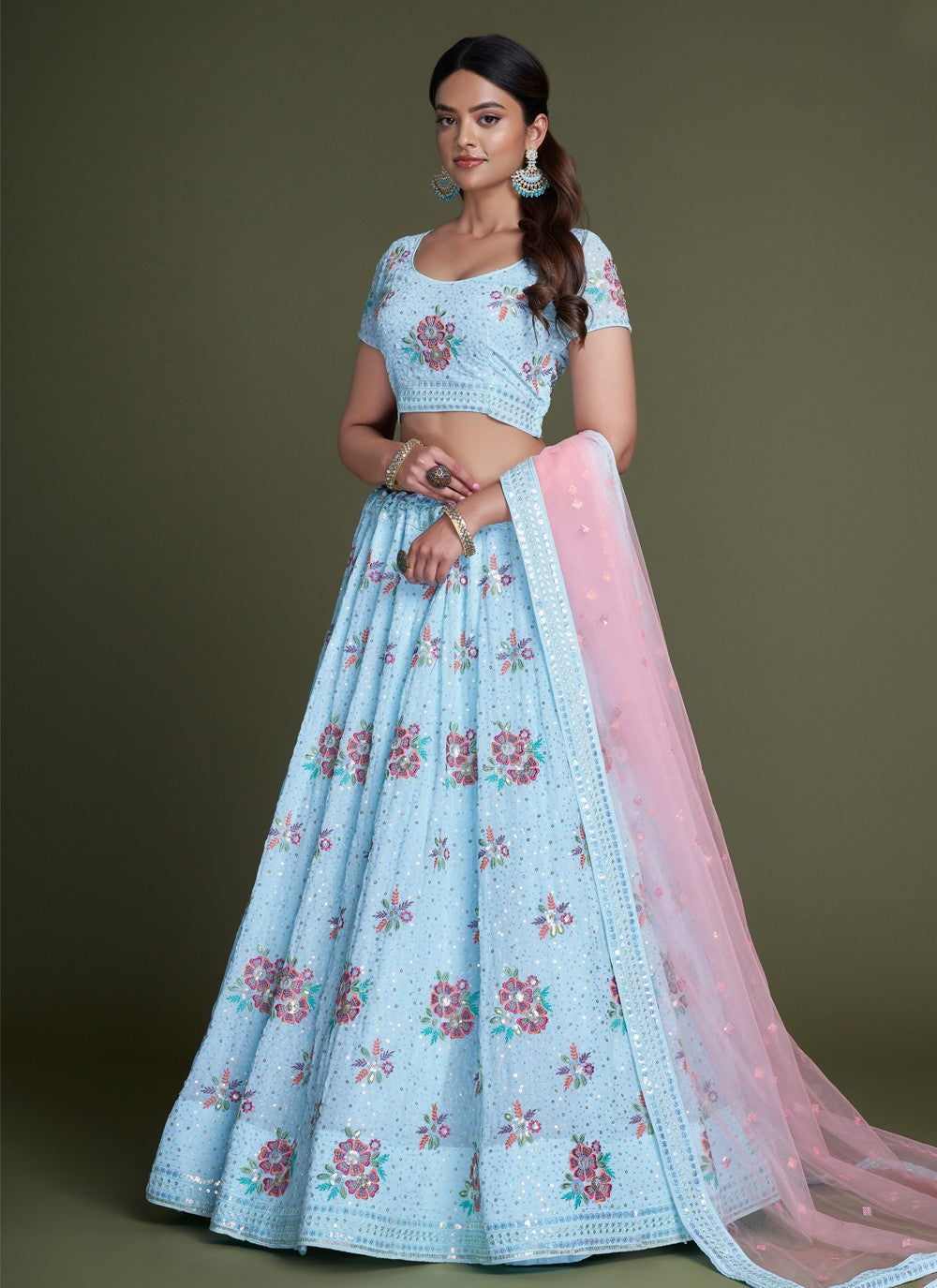 Sky Blue Pakistani Georgette Lehenga Choli For Indian Festivals & Weddings - Sequence Embroidery Work, Thread Embroidery Work,