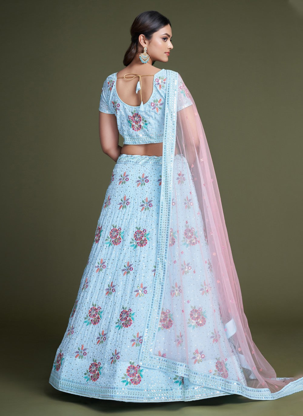 Sky Blue Pakistani Georgette Lehenga Choli For Indian Festivals & Weddings - Sequence Embroidery Work, Thread Embroidery Work,