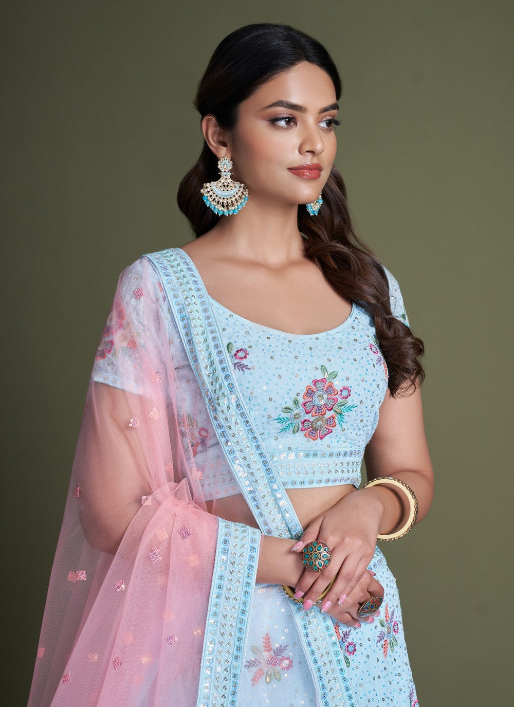 Sky Blue Pakistani Georgette Lehenga Choli For Indian Festivals & Weddings - Sequence Embroidery Work, Thread Embroidery Work,