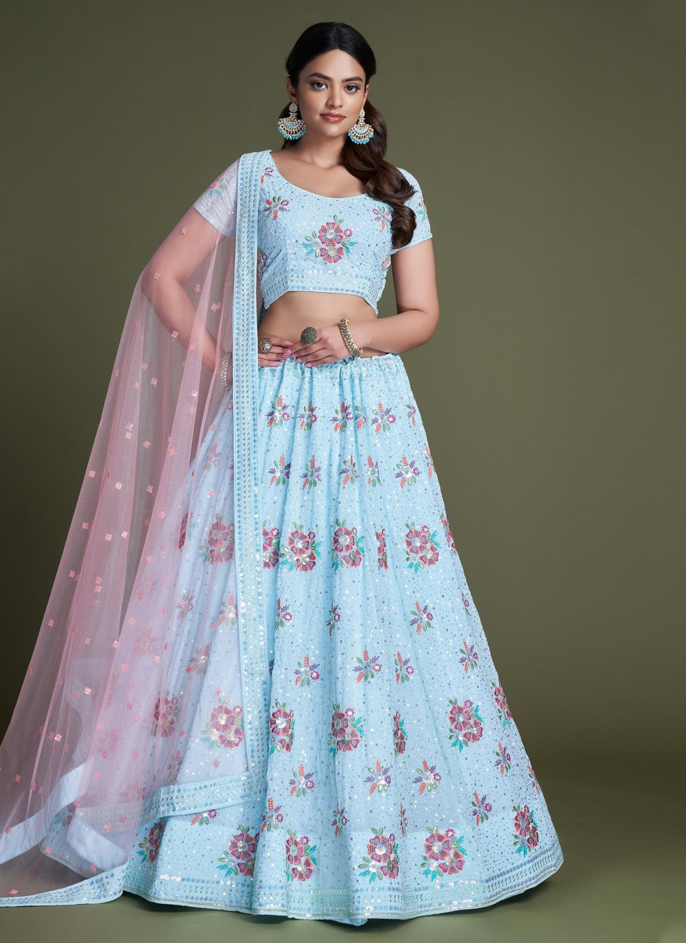 Sky Blue Pakistani Georgette Lehenga Choli For Indian Festivals & Weddings - Sequence Embroidery Work, Thread Embroidery Work,