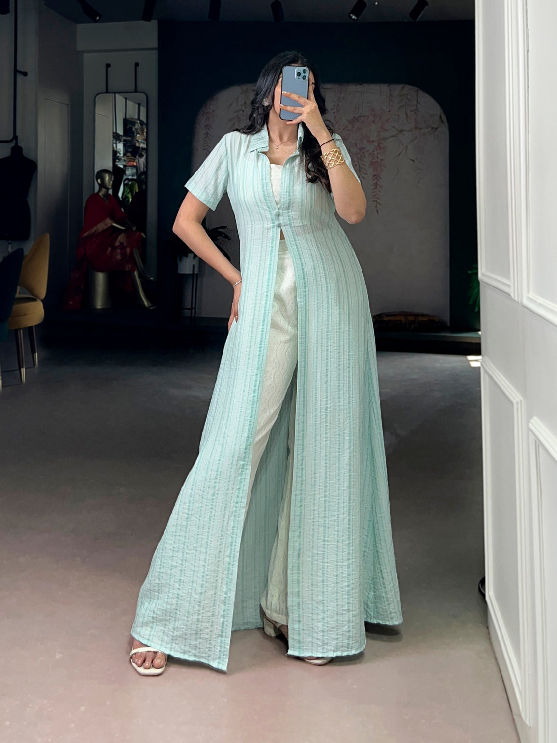Sky Blue Pant Set with Striped  Shrug