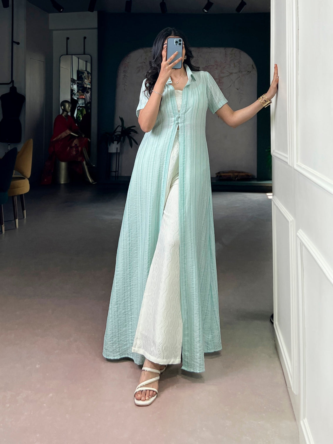 Sky Blue Pant Set with Striped  Shrug