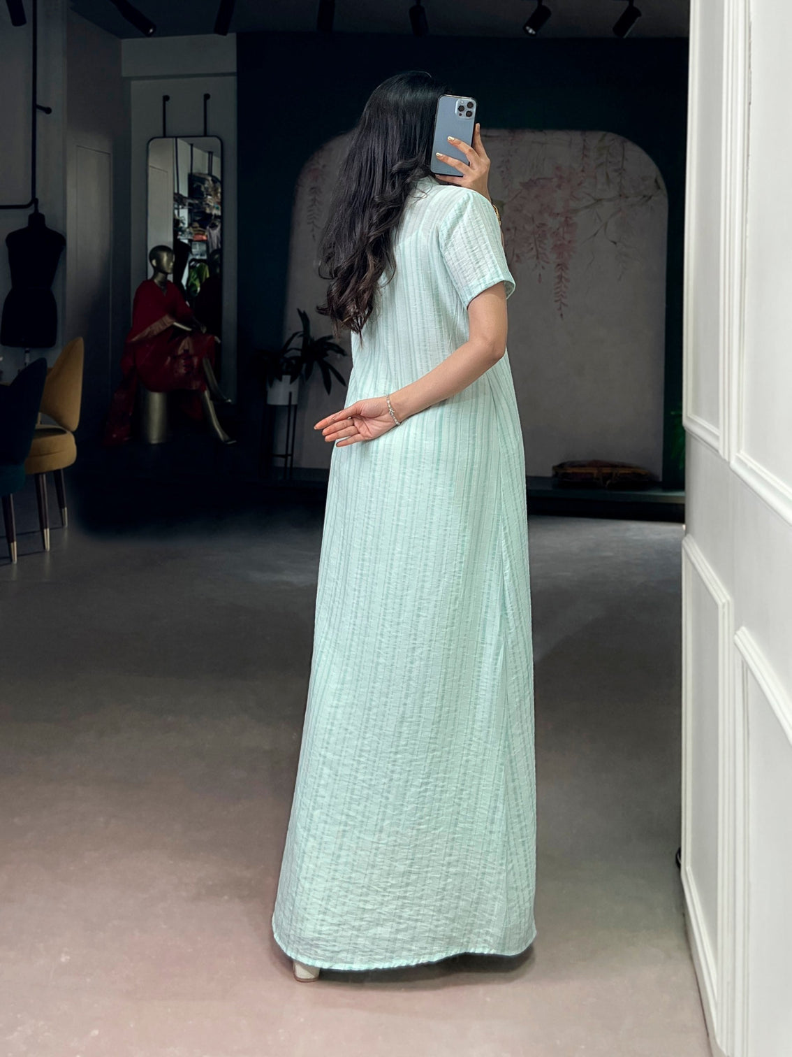 Sky Blue Pant Set with Striped  Shrug