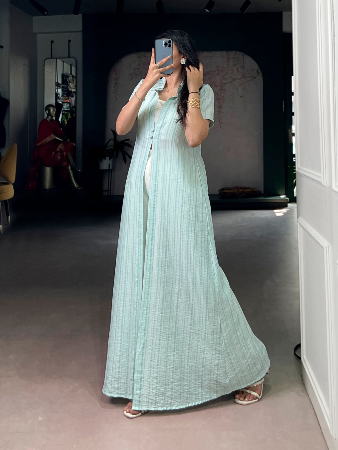 Sky Blue Pant Set with Striped  Shrug
