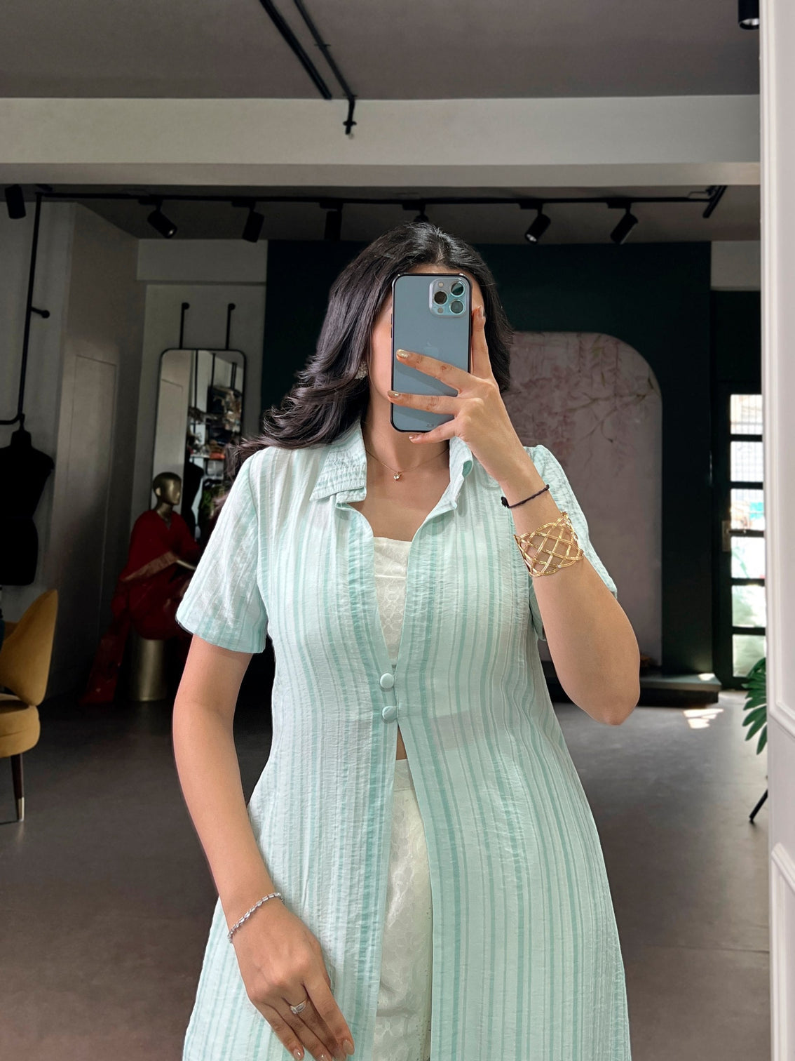 Sky Blue Pant Set with Striped  Shrug