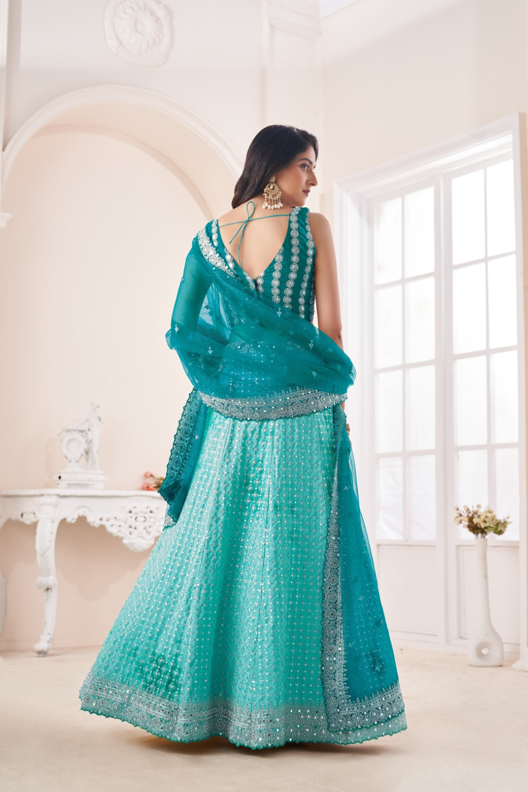 Shimmering Sky Blue Party Wear Lehenga Choli Set - Embroidered Elegance