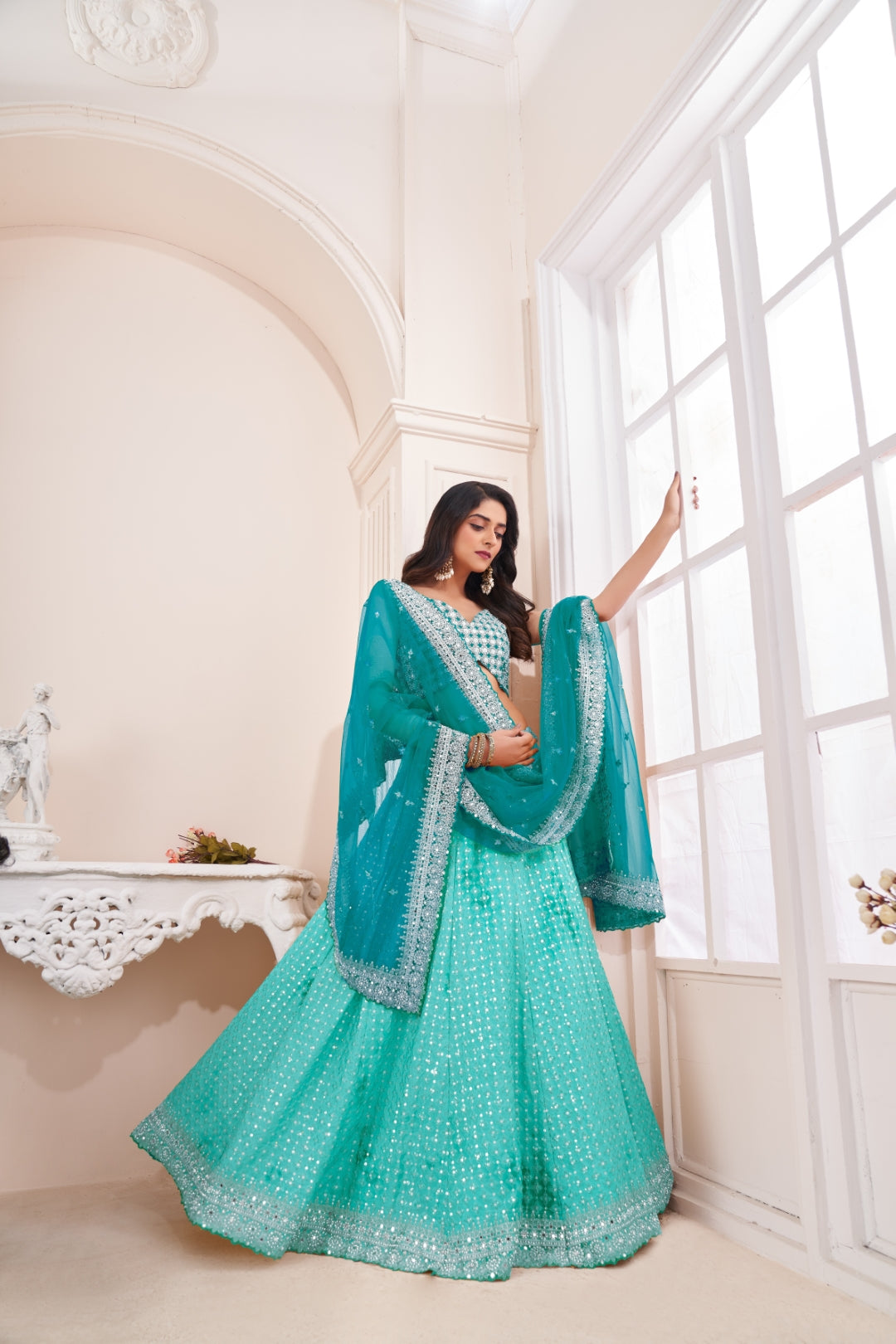 Shimmering Sky Blue Party Wear Lehenga Choli Set - Embroidered Elegance