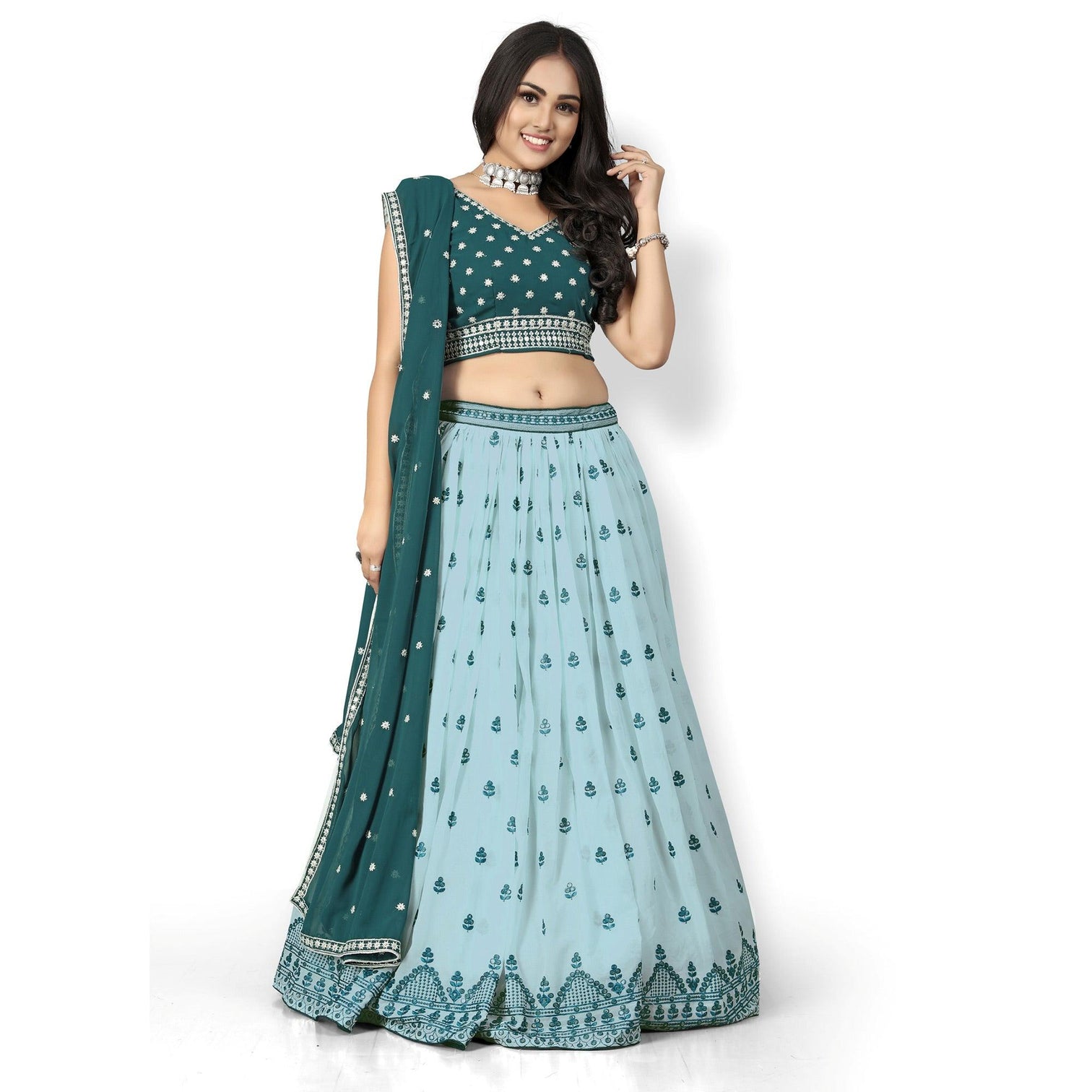 Sky Blue Party Wear Sequins Embroidered Tapetta Lehenga Choli