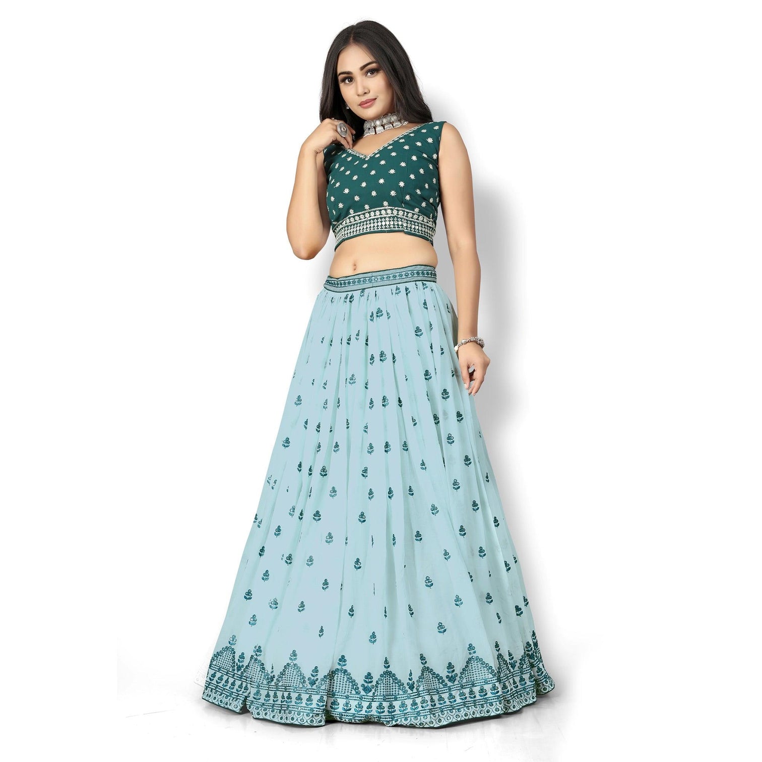 Sky Blue Party Wear Sequins Embroidered Tapetta Lehenga Choli