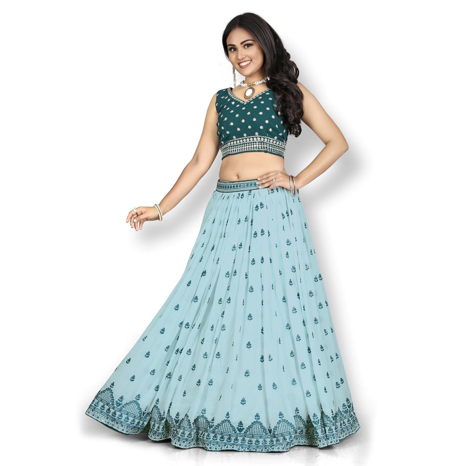 Sky Blue Party Wear Sequins Embroidered Tapetta Lehenga Choli