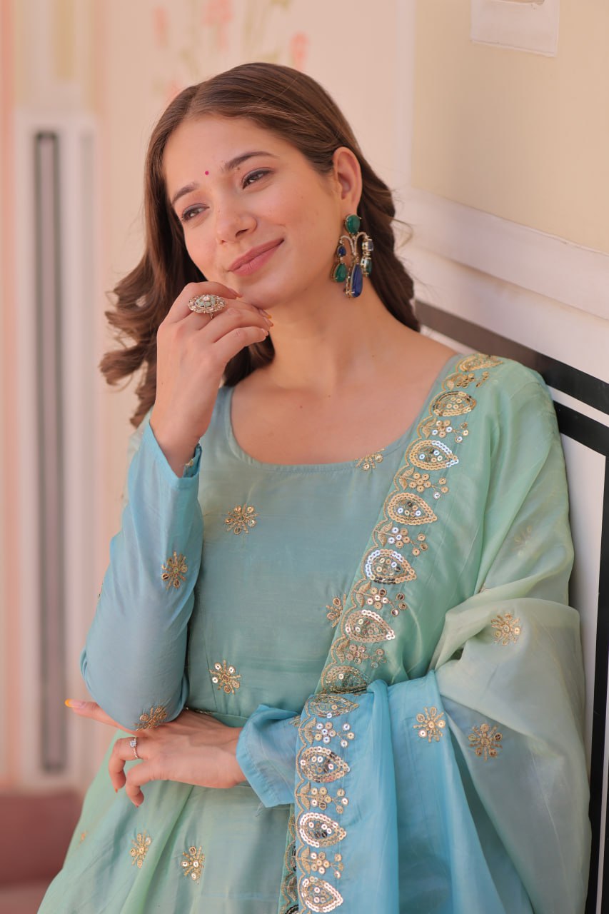 Sky Blue Pedding Gold Organza Embroidered Gown with Dupatta Umbrella Flair & Sequin Zari Work